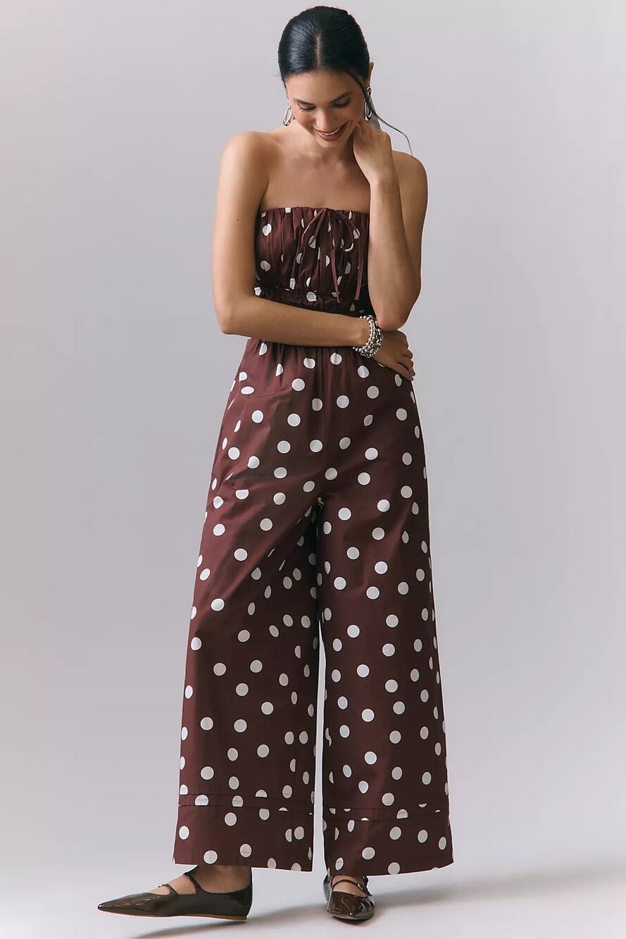 New Anthropologie The Somerset Strapless Jumpsuit $178 SMALL Brown POLKADOT